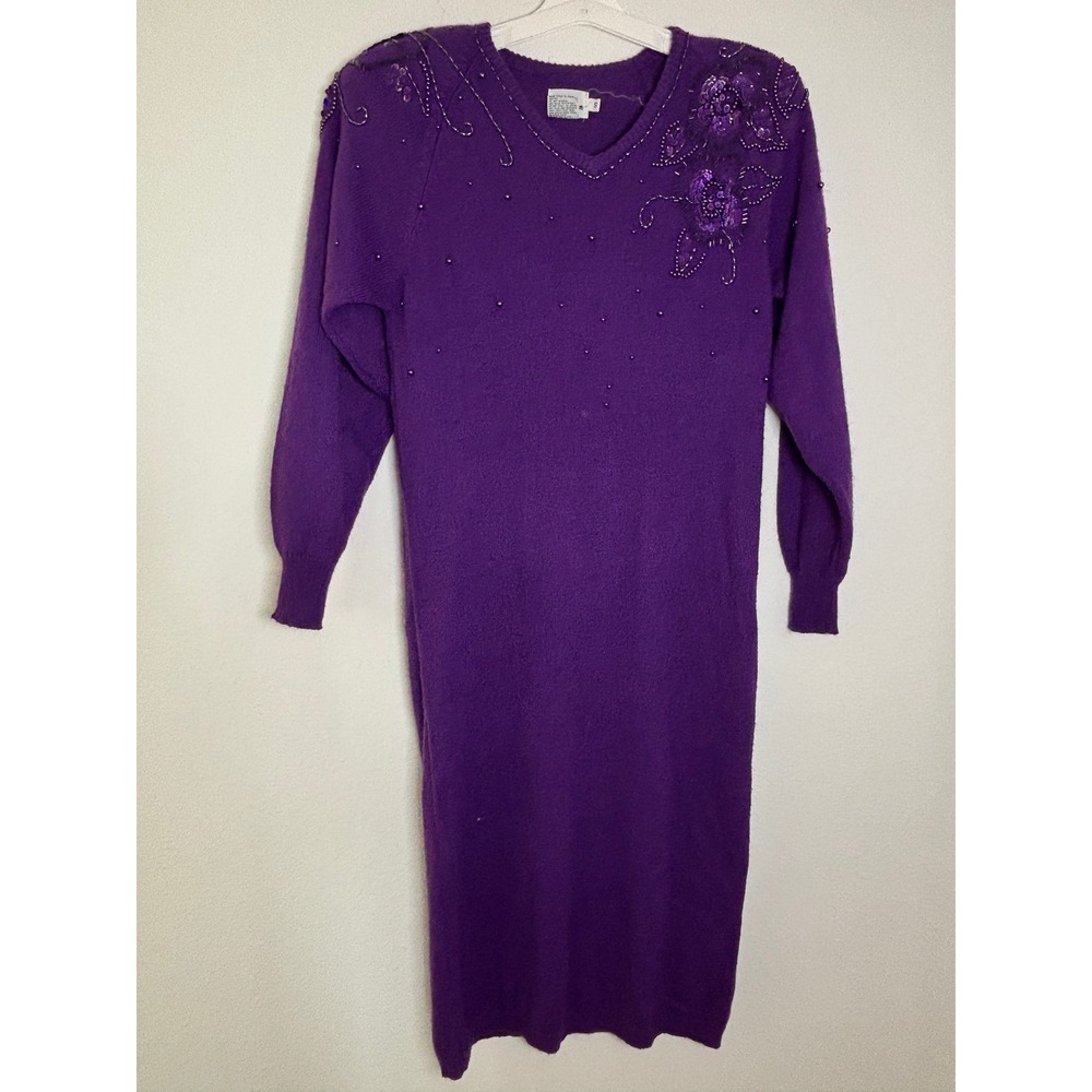 Darian Vintage Purple Beaded Sequin‎ Floral Knit Sweater Dress V-Neck Midi Small